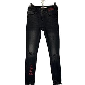 Zara Women’s Black “Don’t Stop the Movement” Distressed Skinny Denim Jeans Sz 2